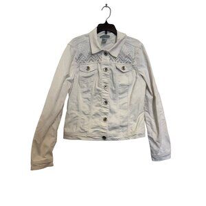 Glitterscape Womens White Denim Jacket With Rhinestone Embellishments Size S